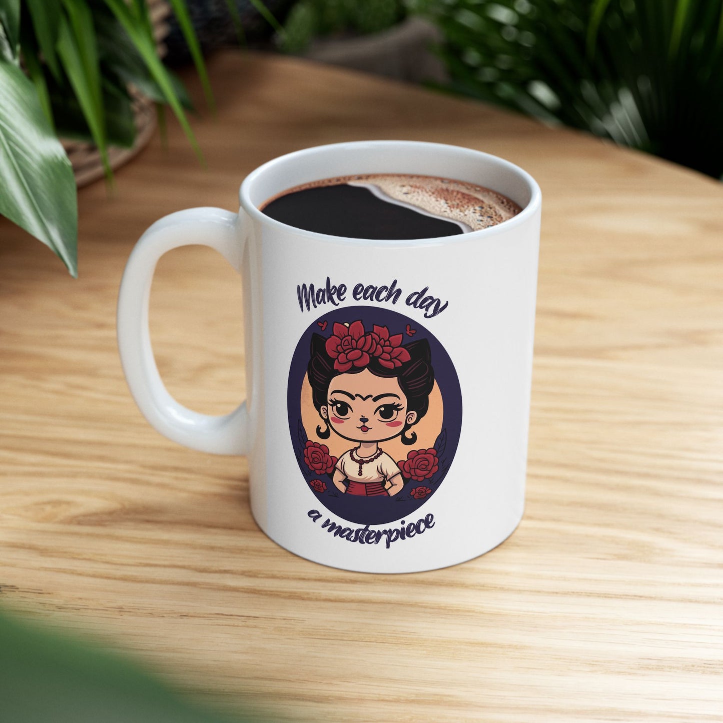 Frida Coffee Mug Cat Make Each Day A Masterpiece Dia De Los Muertos Inspired Kahlo Cat Artist11 oz White Frida Mug