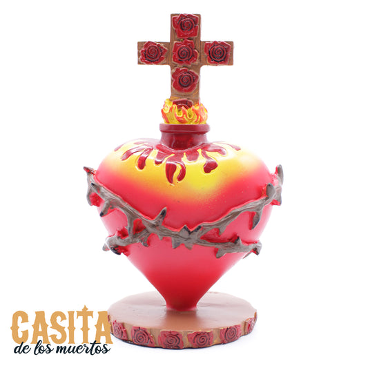 Sacred Cross and Heart Dia De Los Muertos Statue, Red Heart Traditional Statue by Casita De Los Muertos