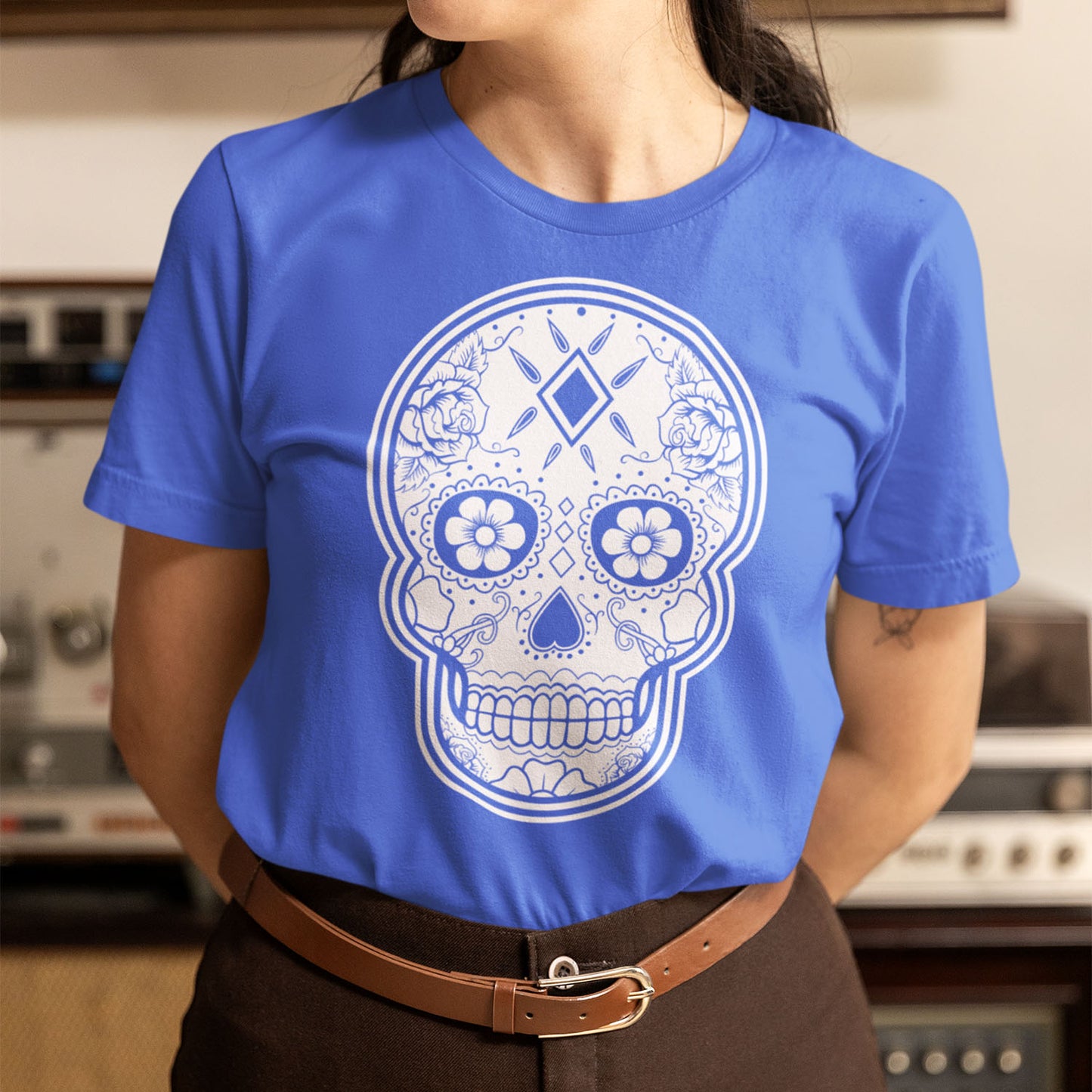 Classic Blue Sugar Skull T Shirt Official Dia De Los Muertos Shirt Royal Blue