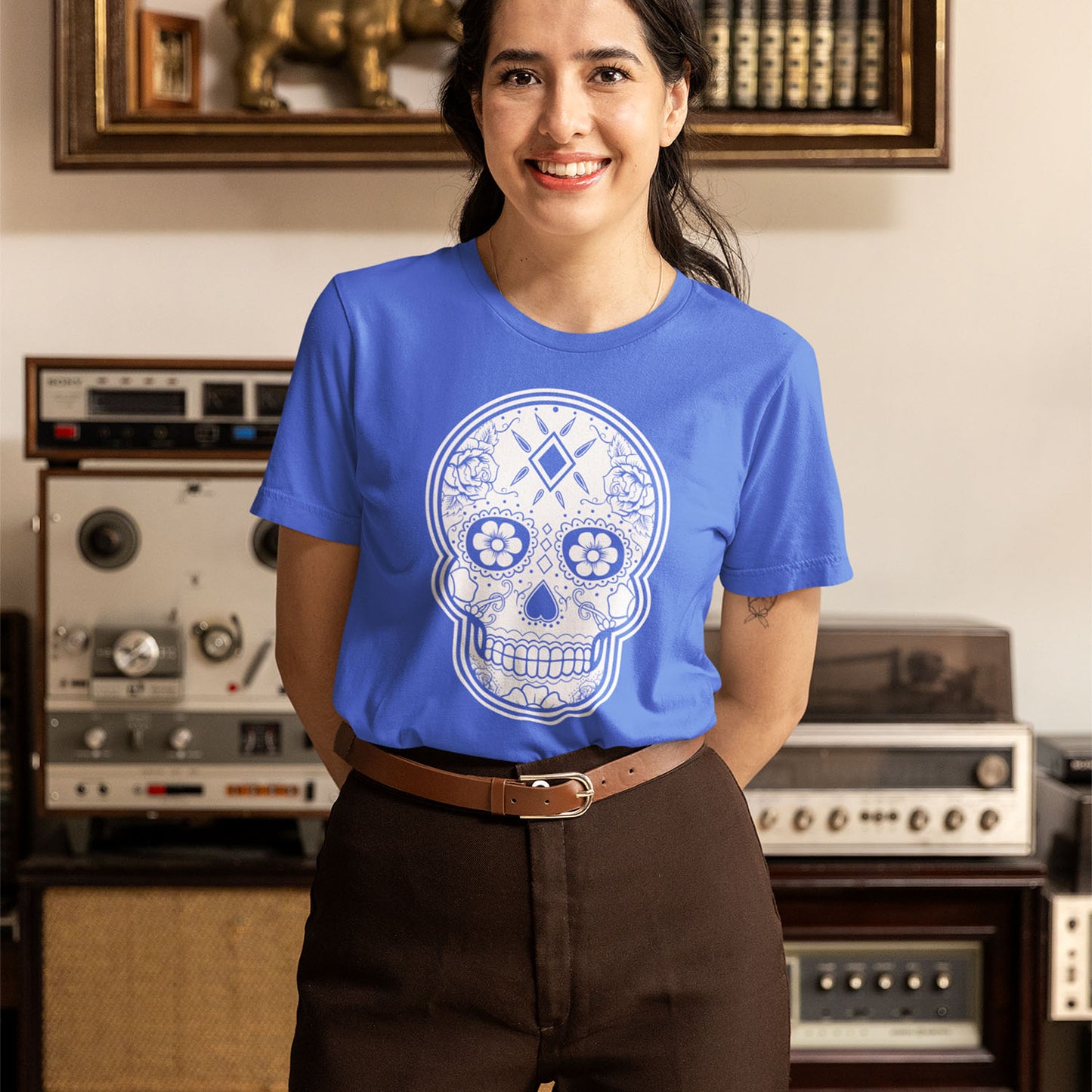 Classic Blue Sugar Skull T Shirt Official Dia De Los Muertos Shirt Royal Blue