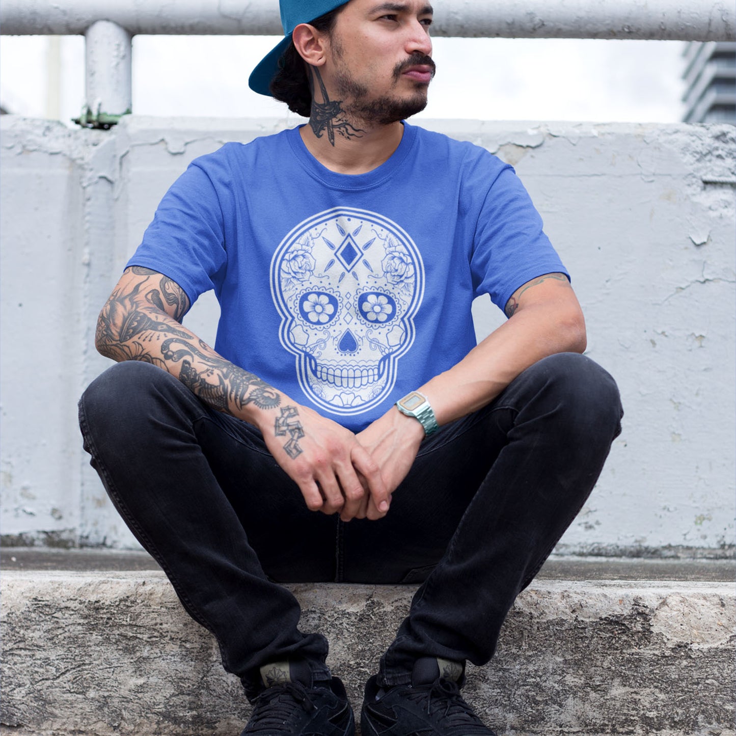 Classic Blue Sugar Skull T Shirt Official Dia De Los Muertos Shirt Royal Blue