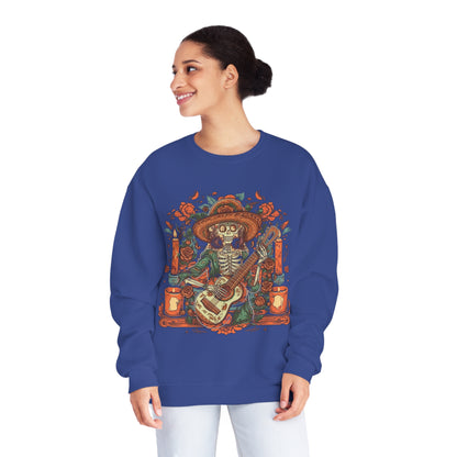 Lady of Music Day of the Dead Colorful Guitar Skeleton Unisex Pullover Sweater by Casita De Los Muertos
