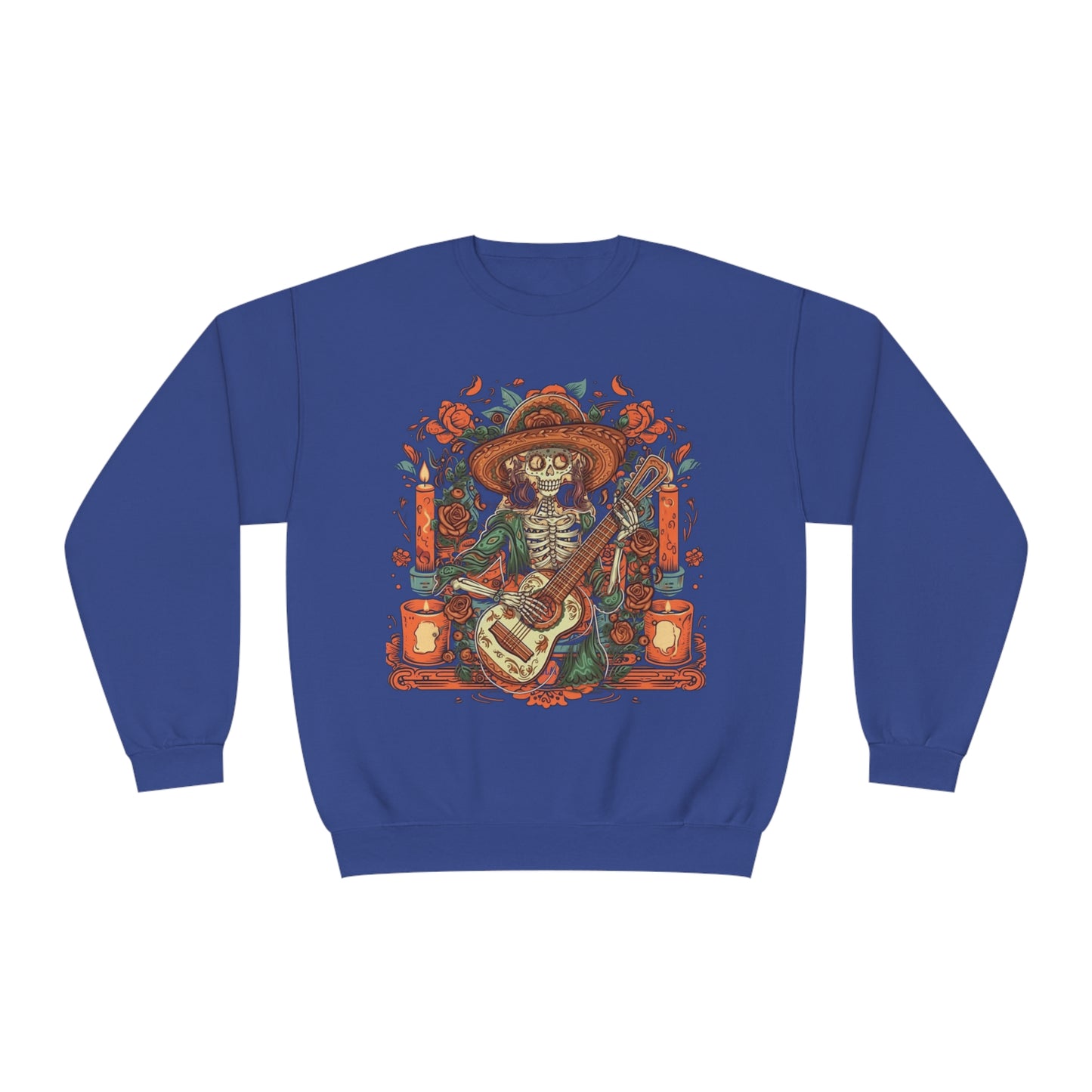 Lady of Music Day of the Dead Colorful Guitar Skeleton Unisex Pullover Sweater by Casita De Los Muertos
