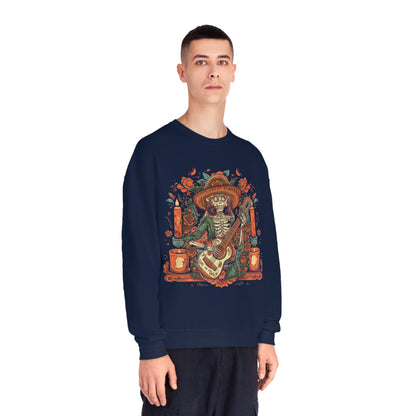 Lady of Music Day of the Dead Colorful Guitar Skeleton Unisex Pullover Sweater by Casita De Los Muertos