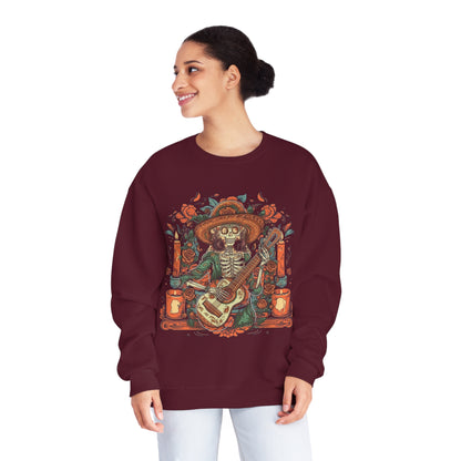 Lady of Music Day of the Dead Colorful Guitar Skeleton Unisex Pullover Sweater by Casita De Los Muertos