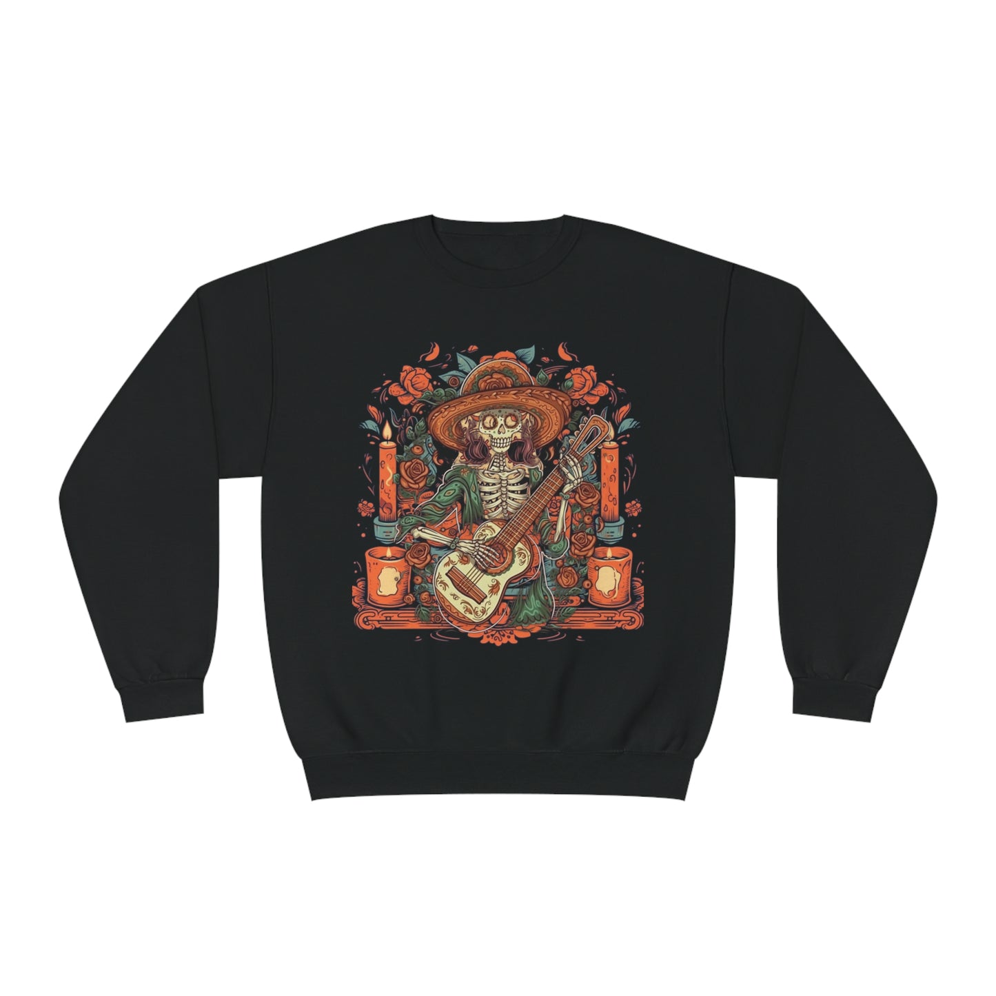 Lady of Music Day of the Dead Colorful Guitar Skeleton Unisex Pullover Sweater by Casita De Los Muertos