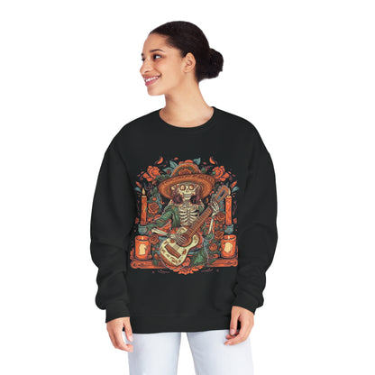 Lady of Music Day of the Dead Colorful Guitar Skeleton Unisex Pullover Sweater by Casita De Los Muertos