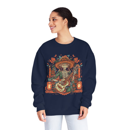 Lady of Music Day of the Dead Colorful Guitar Skeleton Unisex Pullover Sweater by Casita De Los Muertos
