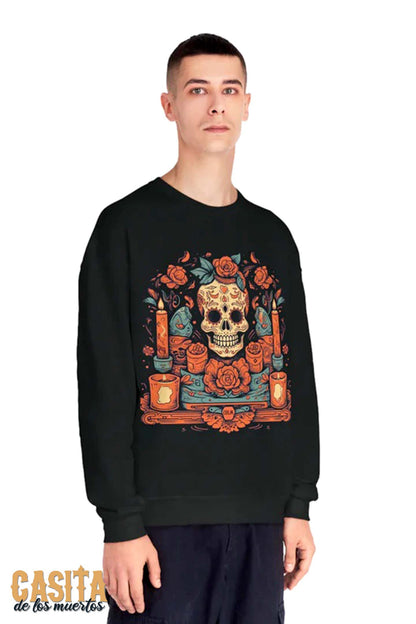 Day of the Dead Colorful Candle Skulls, Unisex Pullover Sweater by Casita De Los Muertos