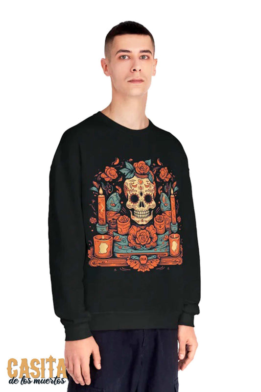 Day of the Dead Colorful Candle Skulls, Unisex Pullover Sweater by Casita De Los Muertos