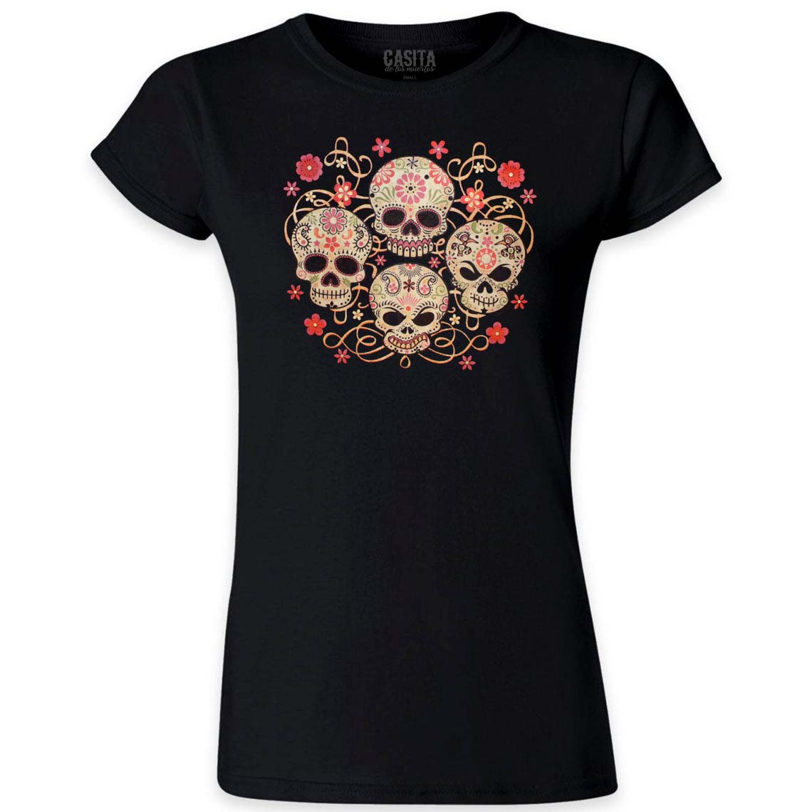 Women’s Top Day of the Dead Skulls Vintage Retro Black Graphic Tee by Casita De Los Muertos