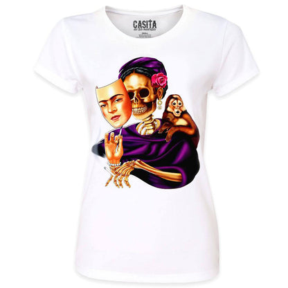 Women’s Frida Skeleton Self Portrait with Monkey T Shirt Black by Casita De Los Muertos