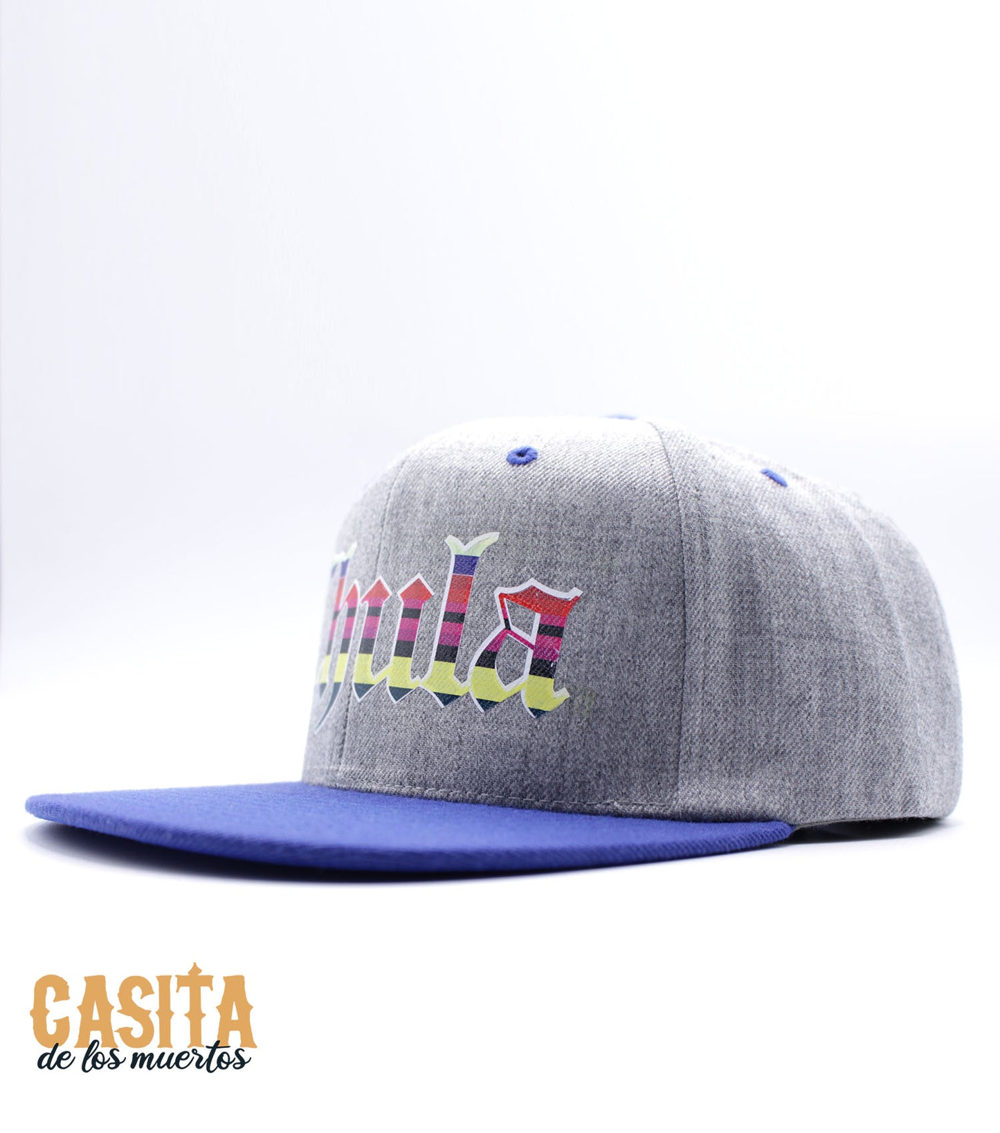 Chula Hat, Beauty Slogan Snapback Blue and Grey, One Size Fits All by Casita De Los Muertos