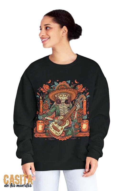 Lady of Music Day of the Dead Colorful Guitar Skeleton Unisex Pullover Sweater by Casita De Los Muertos
