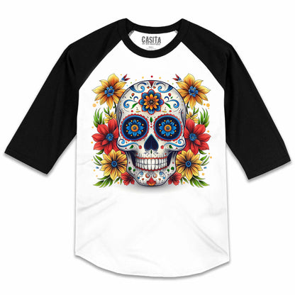 Dia De Los Muertos Colorful Skull Raglan Tee with Calavera by Casita De Los Muertos