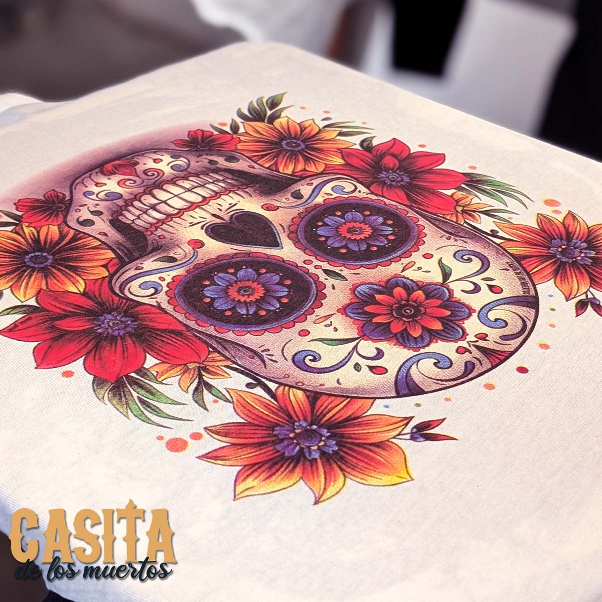 Dia De Los Muertos Colorful Skull Raglan Tee with Calavera by Casita De Los Muertos