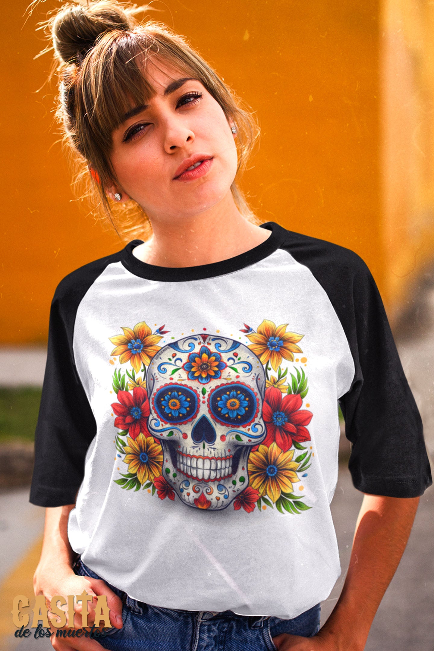 Dia De Los Muertos Colorful Skull Raglan Tee with Calavera by Casita De Los Muertos