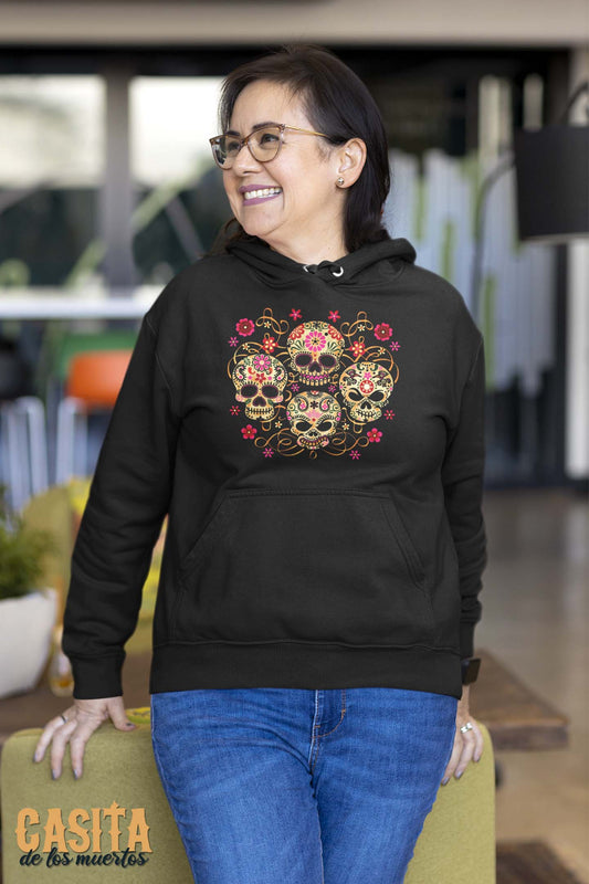 Day of the Dead Hoodie, Colorful Flowered Skulls, Black Unisex Pullover Hoodie Sweater by Casita De Los Muertos