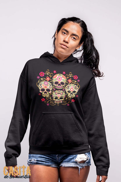 Day of the Dead Hoodie, Colorful Flowered Skulls, Black Unisex Pullover Hoodie Sweater by Casita De Los Muertos