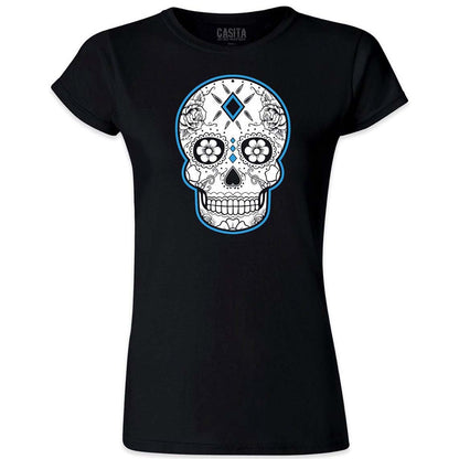 Women’s Dia De Los Muertos Shirt, Sugar Skull Shirt, Light Blue Day of the Dead by Casita De Los Muertos