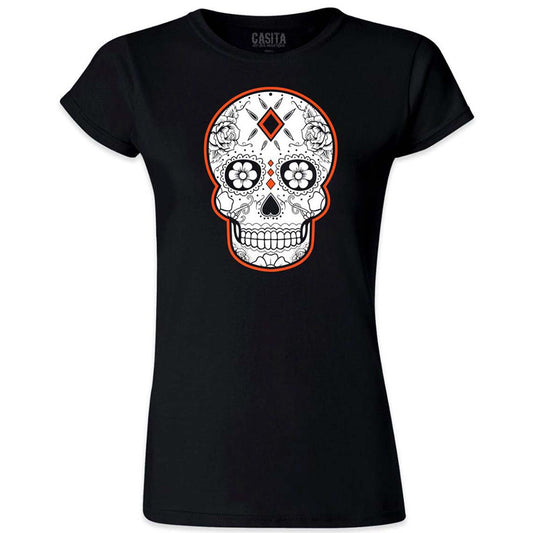 Women’s Dia De Los Muertos Shirt, Sugar Skull Shirt, Orange Day of the Dead by Casita De Los Muertos