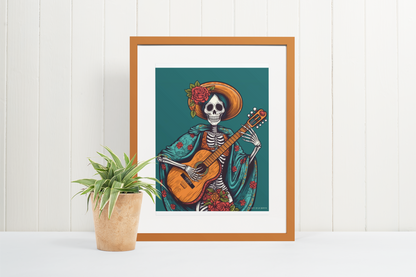 Skeleton Guitarist Print Painting, Mexican Wall Art Calavera Print Decor, Muerto Musician Inspired Print, Wall Decor