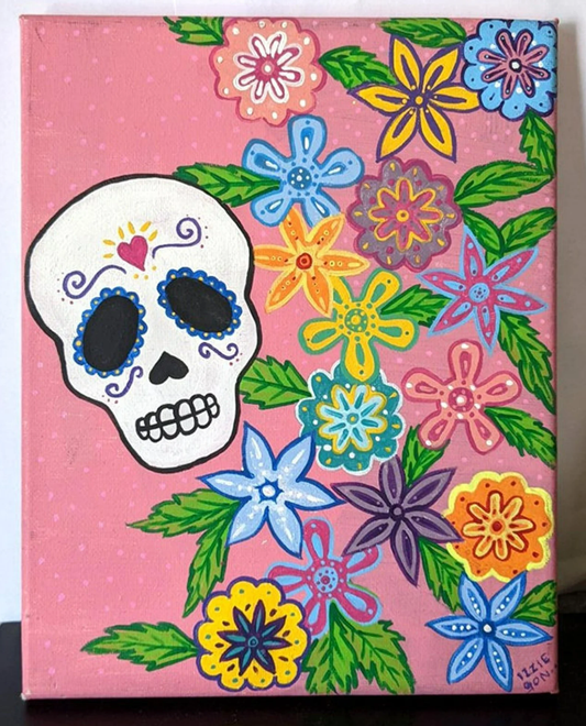 Dia De Los Muertos Painting "Las Flores" Art Piece, Day of the Dead Inspired Sugar Skull Handcrafted Painting