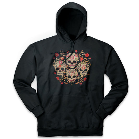Day of the Dead Hoodie, Colorful Flowered Skulls, Black Unisex Pullover Hoodie Sweater by Casita De Los Muertos