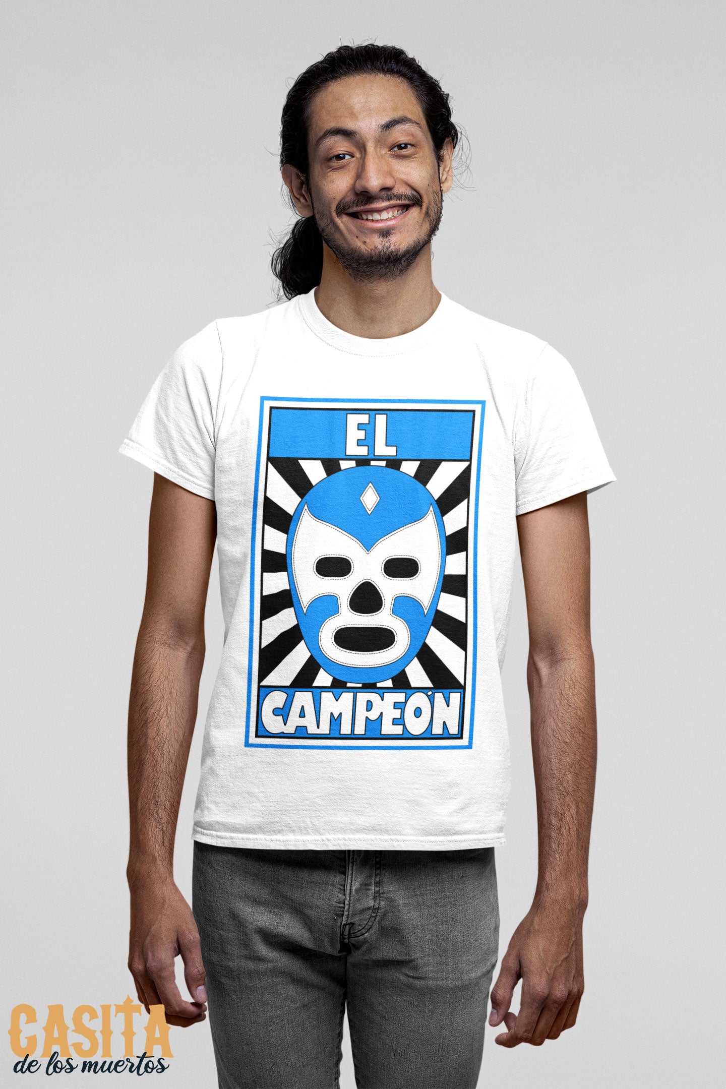 Lucha Libre Shirt, Blue, El Campeon, White Cotton T-Shirt by Casita De Los Muertos