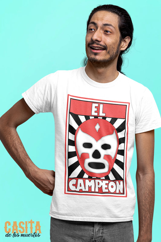 Lucha Libre Shirt, Red, El Campeon, White Cotton T-Shirt by Casita De Los Muertos