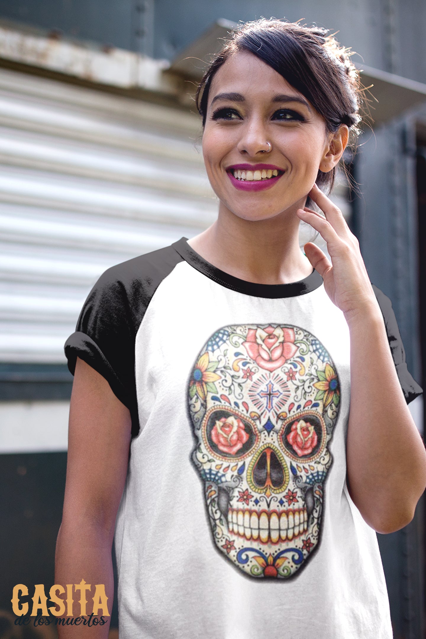 Dia De Los Muertos Skull Candy Raglan Tee with Colorful Skull by Casita De Los Muertos