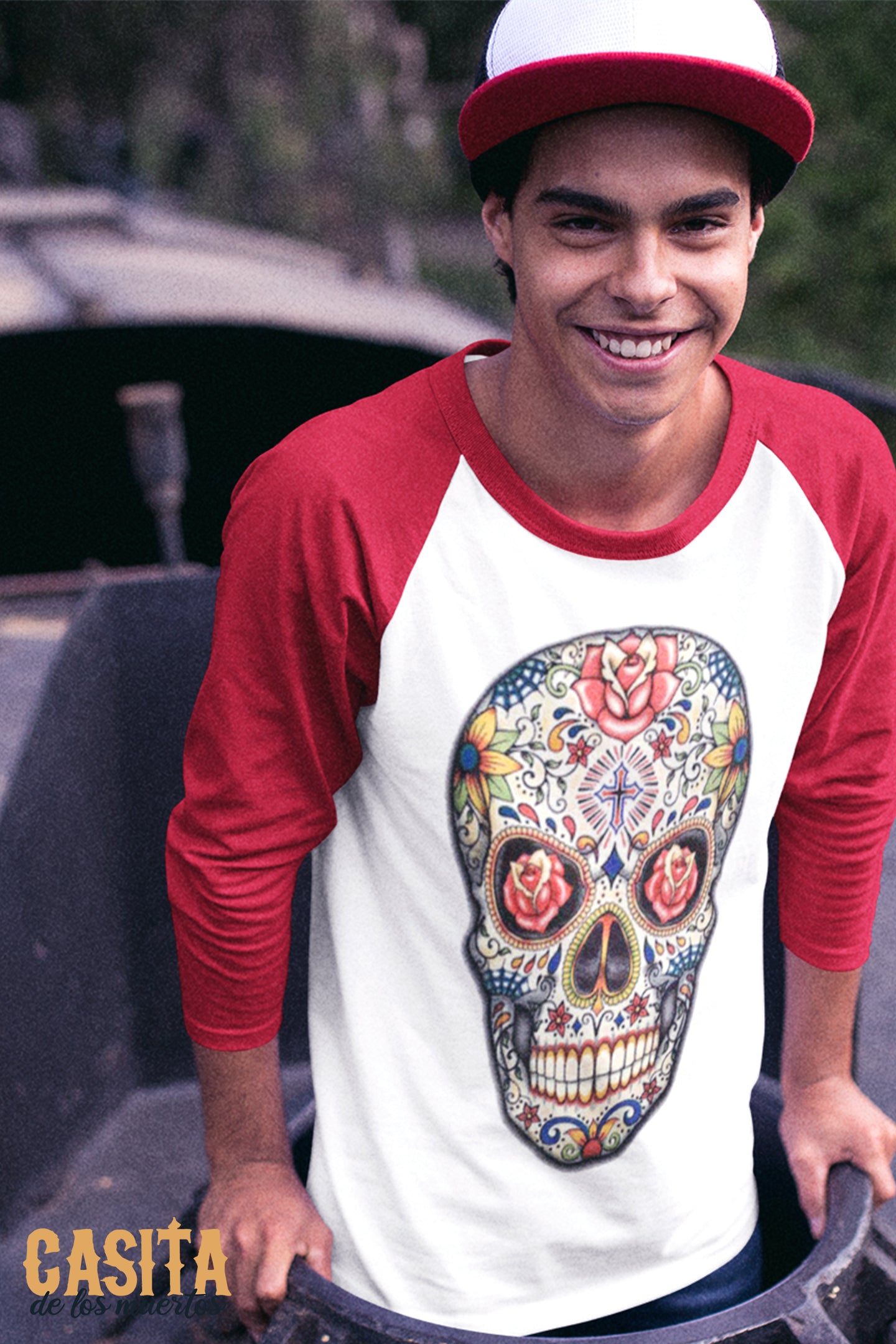 Dia De Los Muertos Skull Candy Raglan Tee with Colorful Skull by Casita De Los Muertos