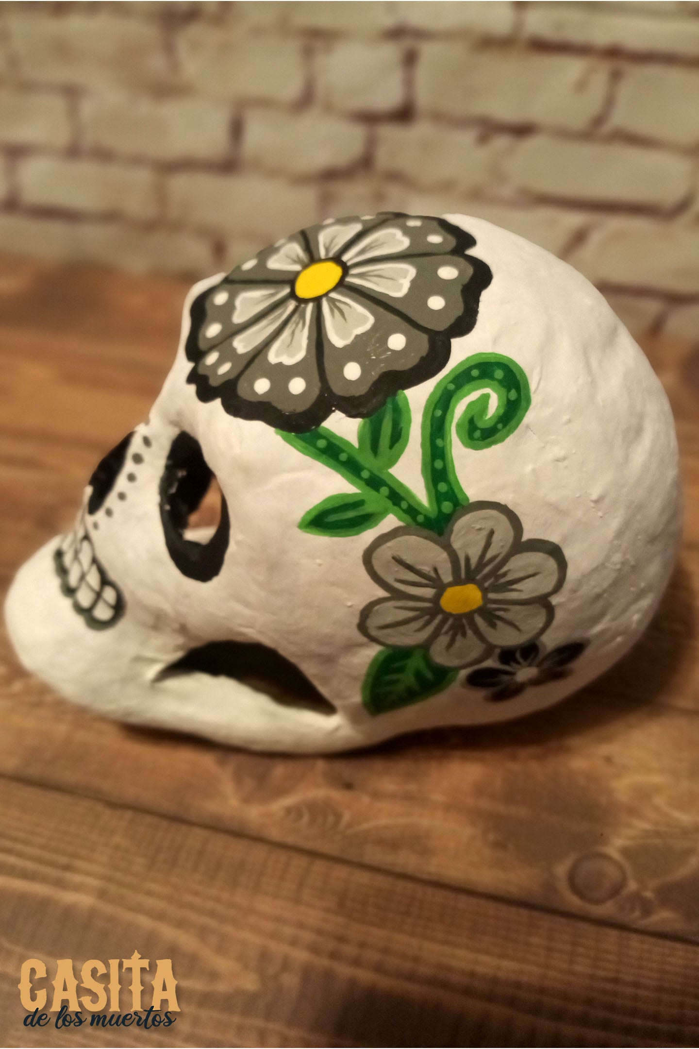 Black and Grey Calavera Paper Mache Skull by Casita De Los Muertos