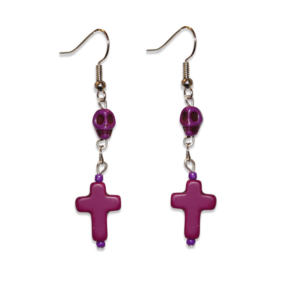 Dia De Los Muertos Skull and Cross Earrings, Howlite Gem Stone Womens Skull Earrings in Purple