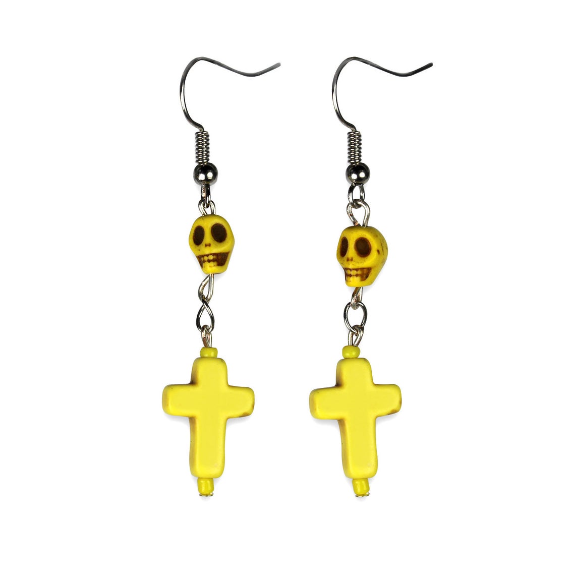 Dia De Los Muertos Skull and Cross Earrings, Howlite Gem Stone Womens Skull Earrings in Yellow