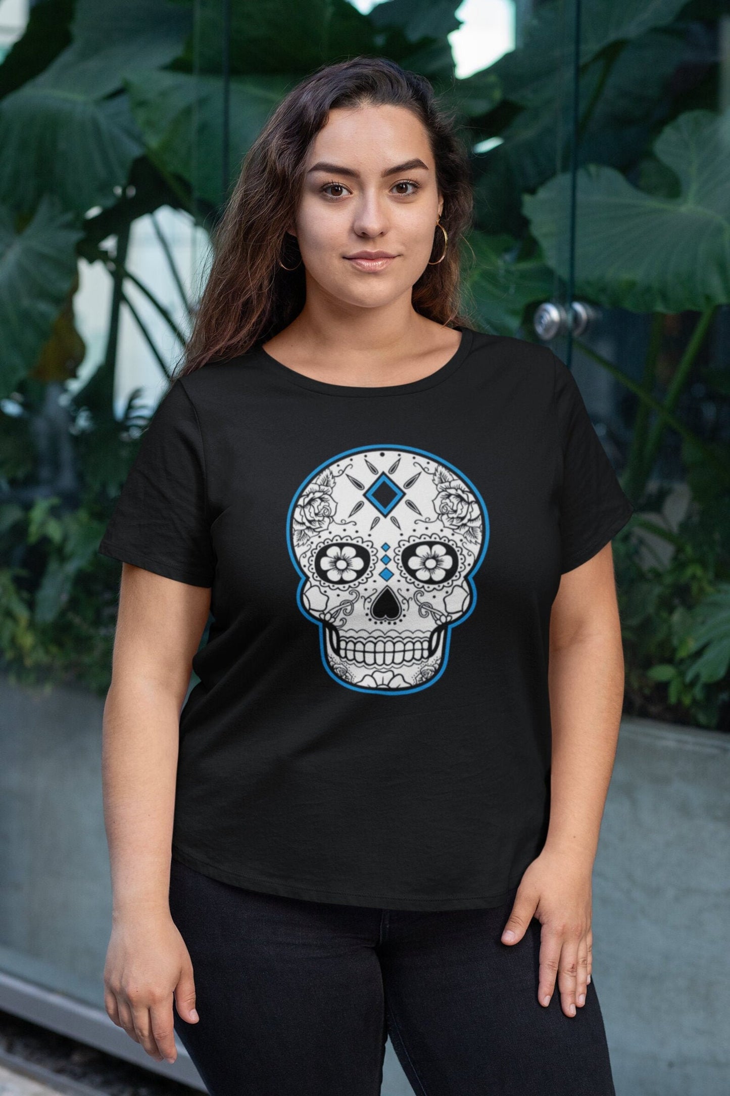 Women’s Dia De Los Muertos Shirt, Sugar Skull Shirt, Light Blue Day of the Dead by Casita De Los Muertos